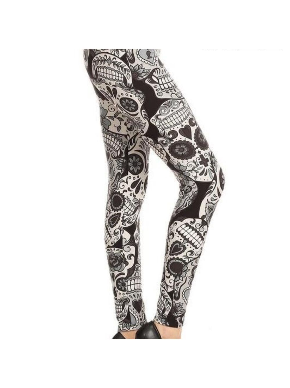 LEGGINGS DEPOT Black & White Sugar Skull Print Full Length Leggings Size 12 NWT